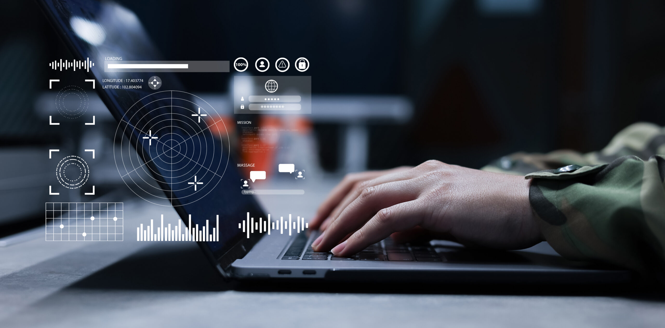 soldier man hand use laptop to use program of radar and radio aviation for test system of tracking and defense at the dark control room center in monitor station for military technology concept