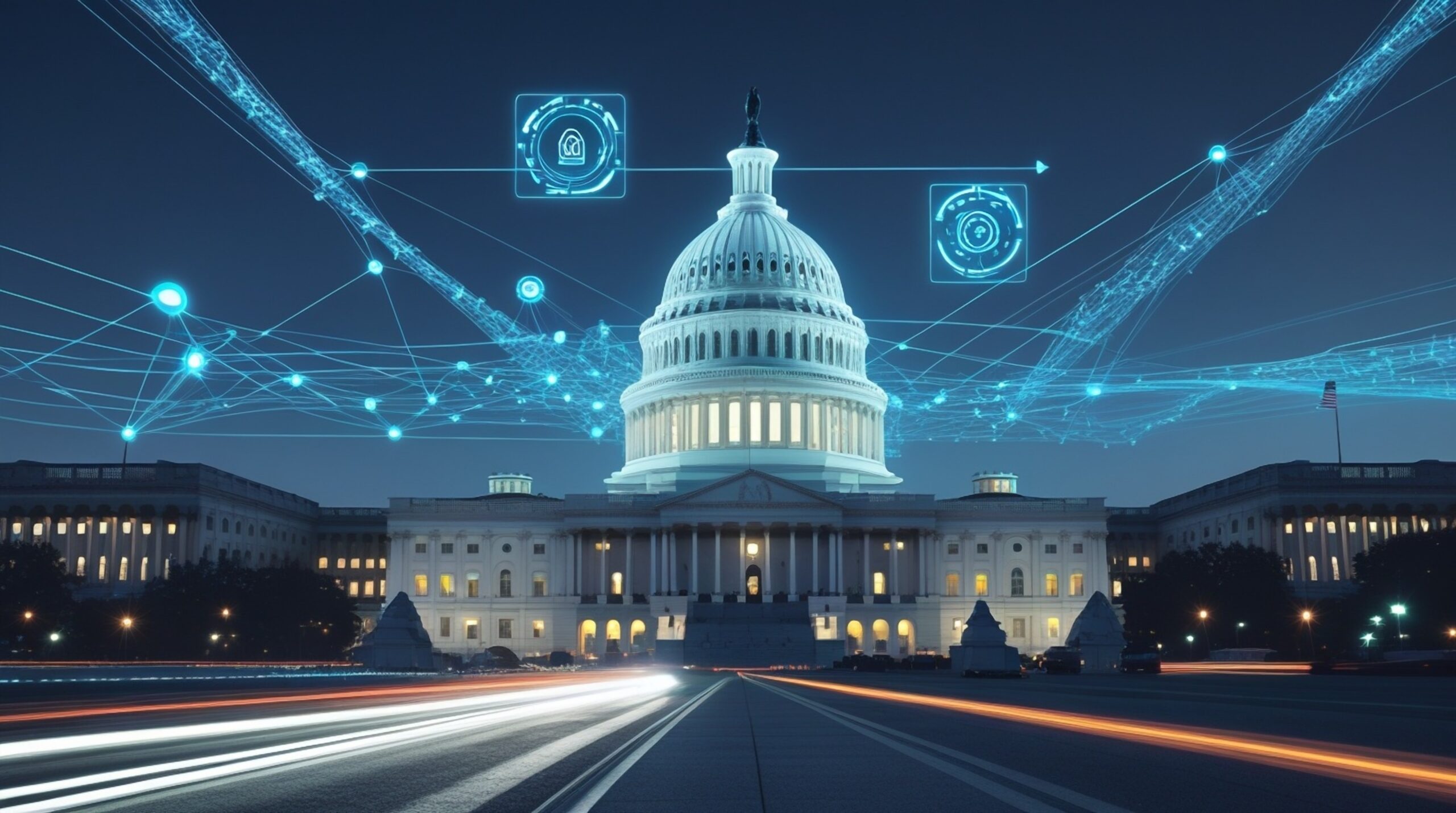 The futuristic US Capitol building at night, illuminated with white and blue lights, symbolizes cybersecurity, digital governance, and artificial intelligence in politics, featuring blue data lines an